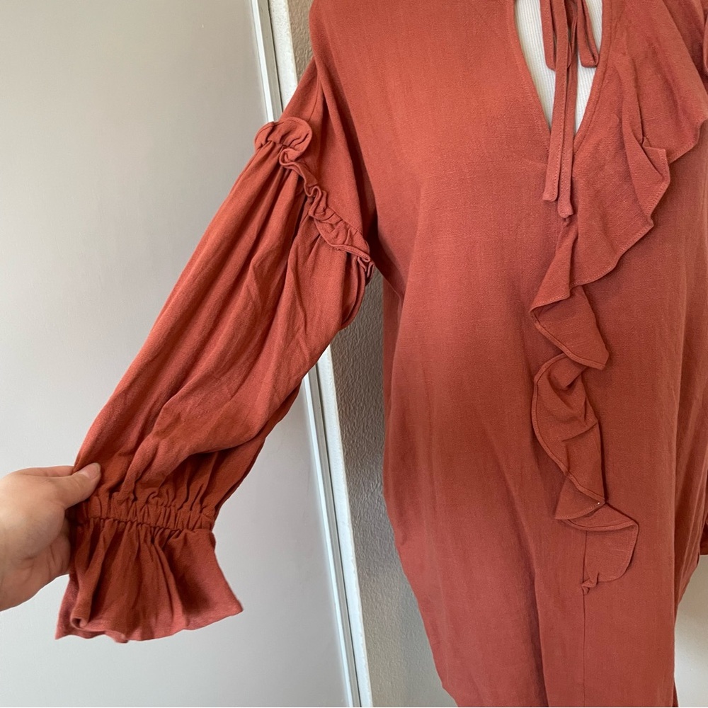 Linen Blend Rust Ruffle Long Sleeve Dress - Picture 3 of 7